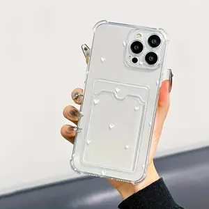 Fashionable transparent simple heart pattern card slot mobile phone case, suitable for iPhone 16 PRO Max/15PRO/14PRO MAX/13/12/11/Apple series, provides airbag protection, lens protection, can insert cards or photos, suitable for family and friends gift