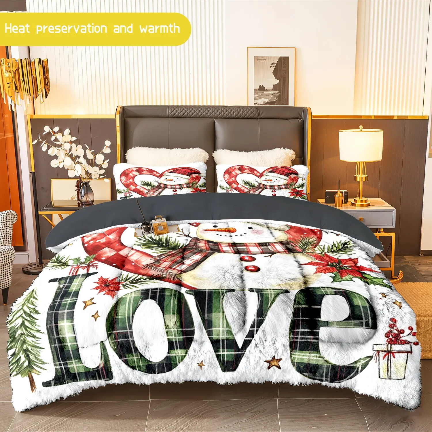 3pcs (1 comforter + 2 pillowcases) Christmas Snowman Flannel & Milk Velvet Comforter Set, Soft Warm Bedding Set for Adults, Cozy Winter Bedding Essentials