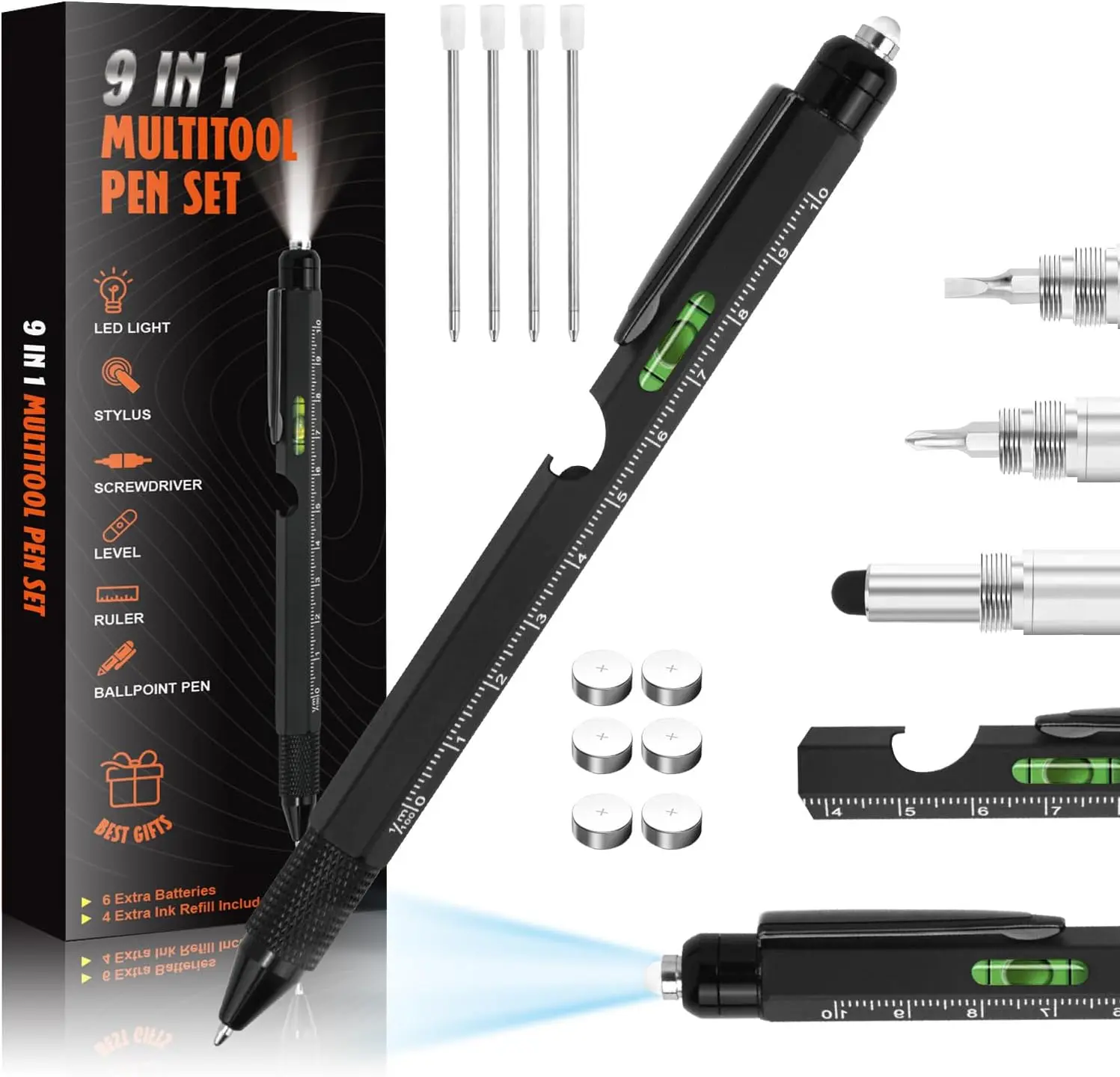 Cool Pen Gifts for Men - 9-in-1 Multi Tool Tech Pen Gadgets for Him, Personalized Father's Day or Birthday  (9 IN 1 Black)