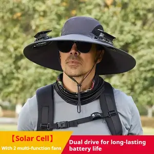Solar-Powered Dual Fan UV Protection Summer Hiking & Fishing Hat with Adjustable Chin Strap, Lightweight Breathable Outdoor Sunshade Fisherman Cap - Includes Magnesium Flint & Firestarter (Black), Adventure Accessories, Wide Brim Hat
