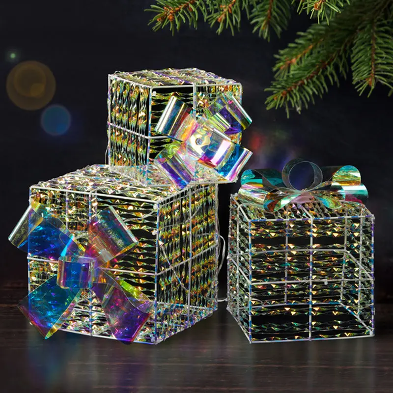 3Pcs 7.5In-6.3In-5In Colorful Gift Box, Christmas Lighting Gift Box
