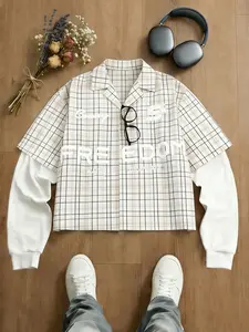 Men's & Women's Checkered Fake Two-Piece Shirt Freedom Graphic Casual Shirt For Daily & Street Style