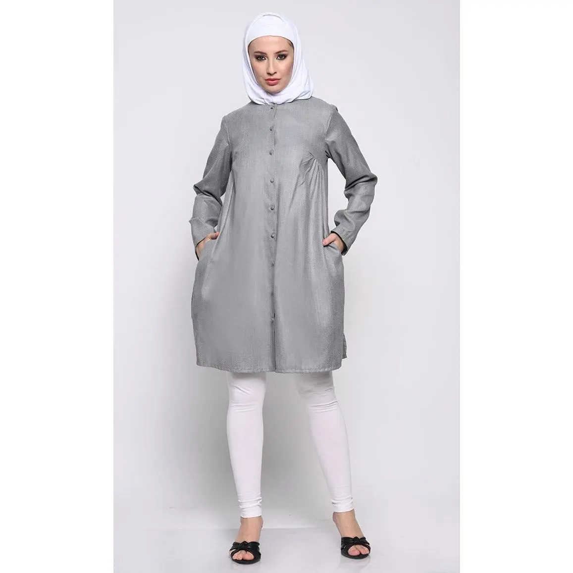 Classic Polyester Poplin Tunic with Full-Length Button Open