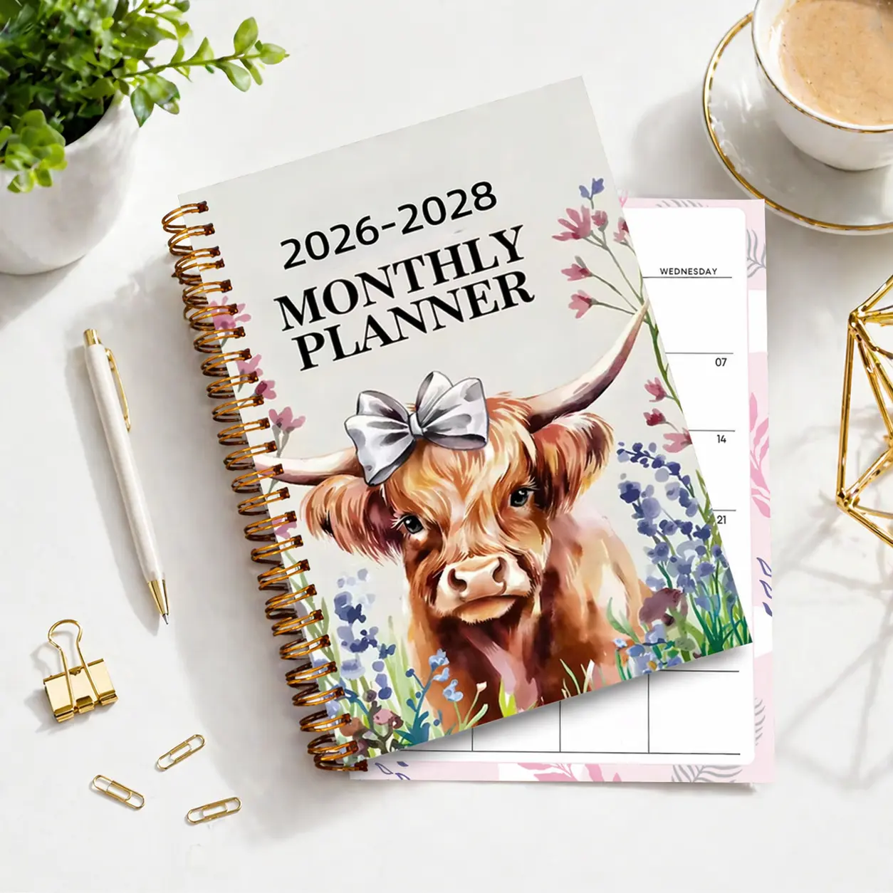 2026-2028 Highland Cow Floral 3-Year Planner, Weekly & Monthly Spiral Notebook for School Office Home, Gift for Women Students Teachers
