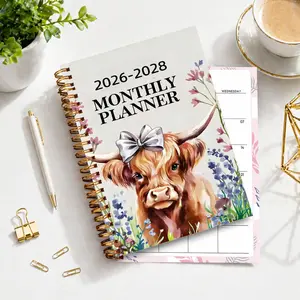 2026-2028 Highland Cow Floral 3-Year Planner, Weekly & Monthly Spiral Notebook for School Office Home, Gift for Women Students Teachers