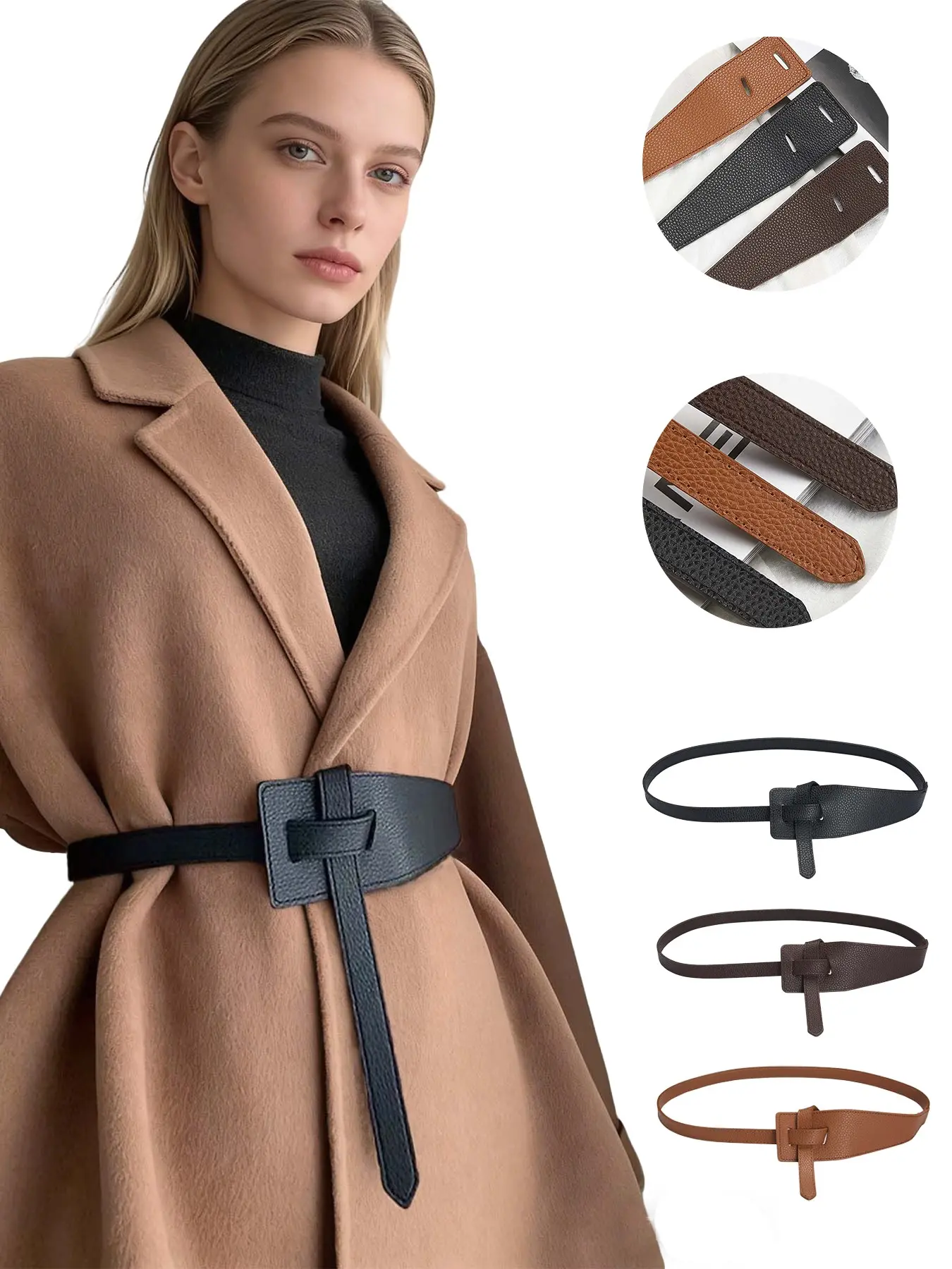 1 piece Vintage Style PU Leather Coat Belt | Quiet Luxury & Old Money Style | Versatile Cinch No-hole Adjustable Waist Cincher, Wide & Narrow Double-sided Design | Ideal for Women, Wool Coats & Dresses, Adjustable Belts