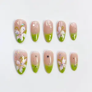 Green French nails/press on nails long almond nails/Elegant Floral Nails/Holiday nails/Silver star nails/Spring Summer nails/custom nails 1V5Z9D