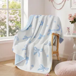 Blue Bow Throw Blanket - Soft 3D Heart Throw for Women Girls Teens Kids as Gifts Cozy Fuzzy Reversible Home Decor Blankets for Couch Sofa Bed Camping 50"x60"