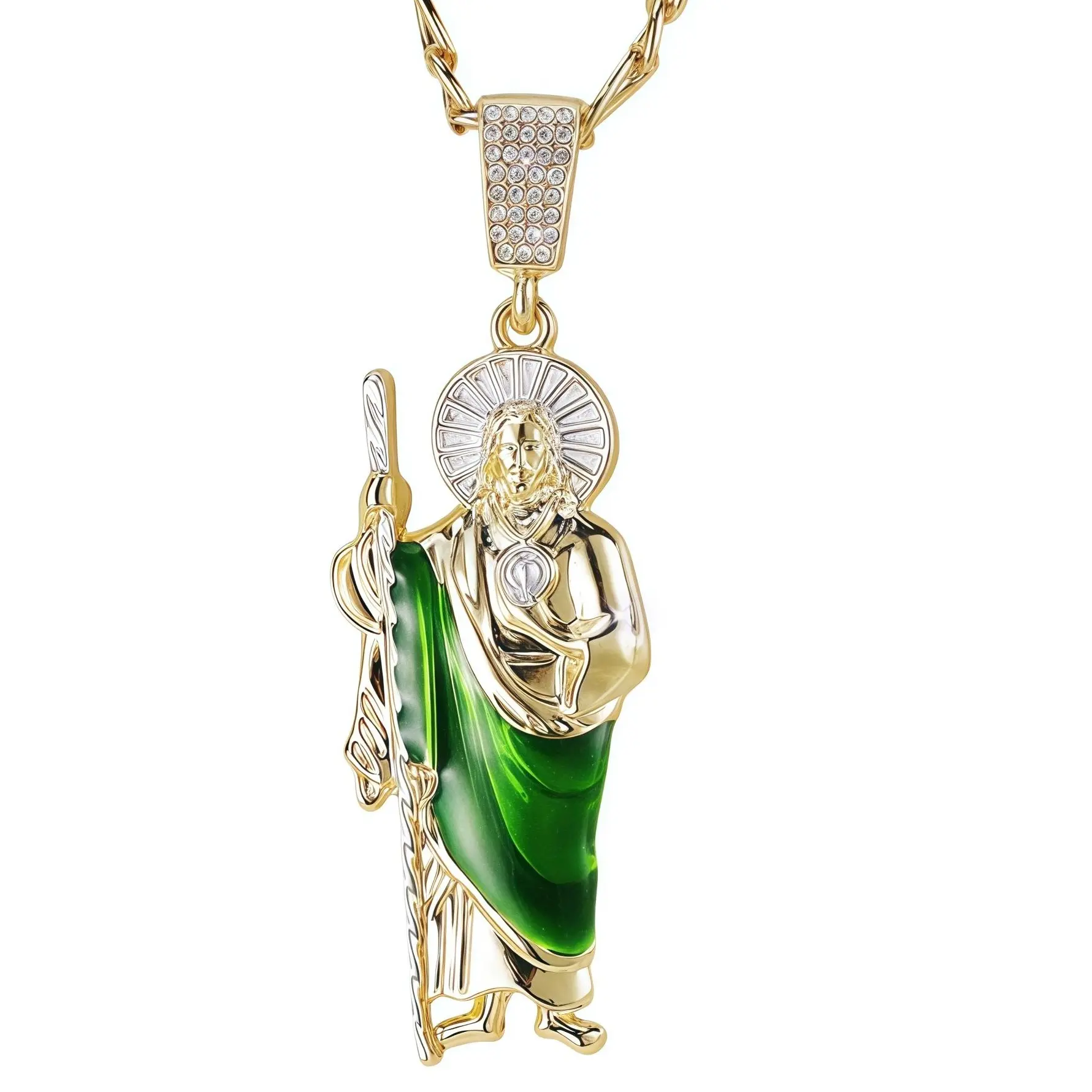 Saint Judas Tadeo Faith Necklace, Gold-Plated Gold Tone Figaro Link Chain, Elegant Protective Religious Figurine Pendant Costume Jewelry, Gold Tone Necklace