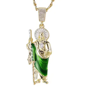 Saint Judas Tadeo Faith Necklace, Gold-Plated Gold Tone Figaro Link Chain, Elegant Protective Religious Figurine Pendant Costume Jewelry, Gold Tone Necklace