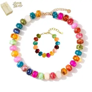 Colorful Beaded Necklace and Bracelet Set for Women Boho Chunky Resin Bead Statement Necklace and Bracelet Summer Vacation Dopamine Jewelry Trendy Beach Festival Accessory
