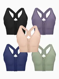 Women's Front Zip Sports Bra Set, Shockproof Running Yoga Tank Top, Medium Support Backless Cross Training Bras, 5 Pack, Workout Bra