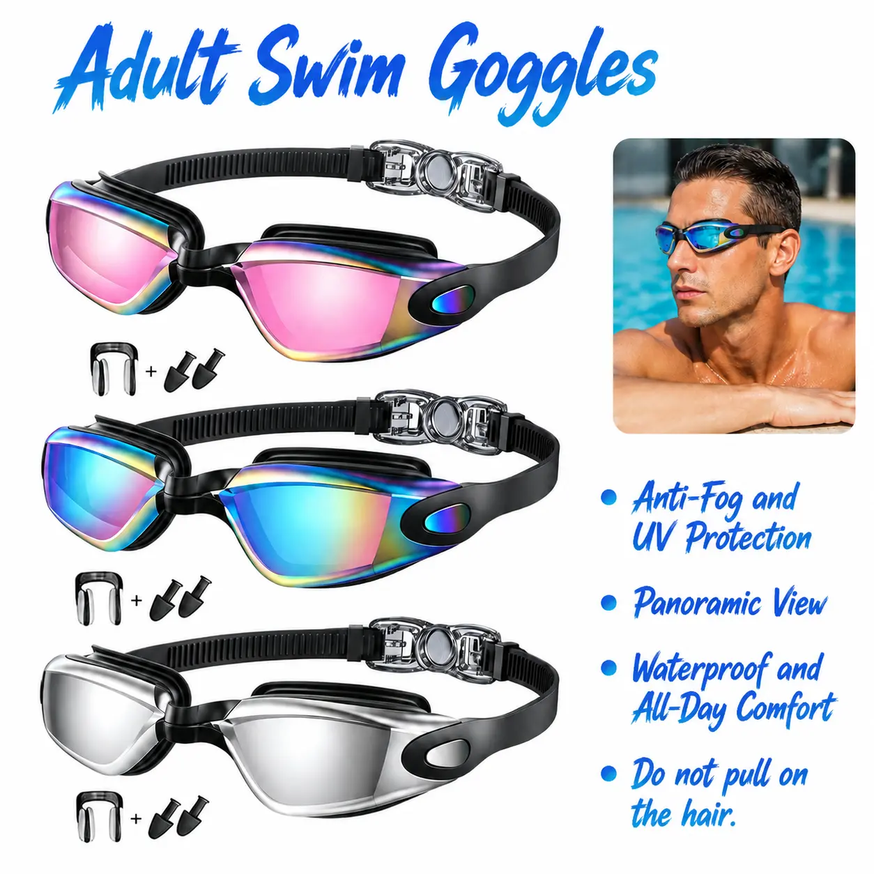 【Upgraded Edition】3 Pack Adult Swim Goggles , Anti-Fog, UV Protection, Leak-Free, Clear Vision Swimming Goggles for Adult Men Women and Teens, Wide View Outdoor