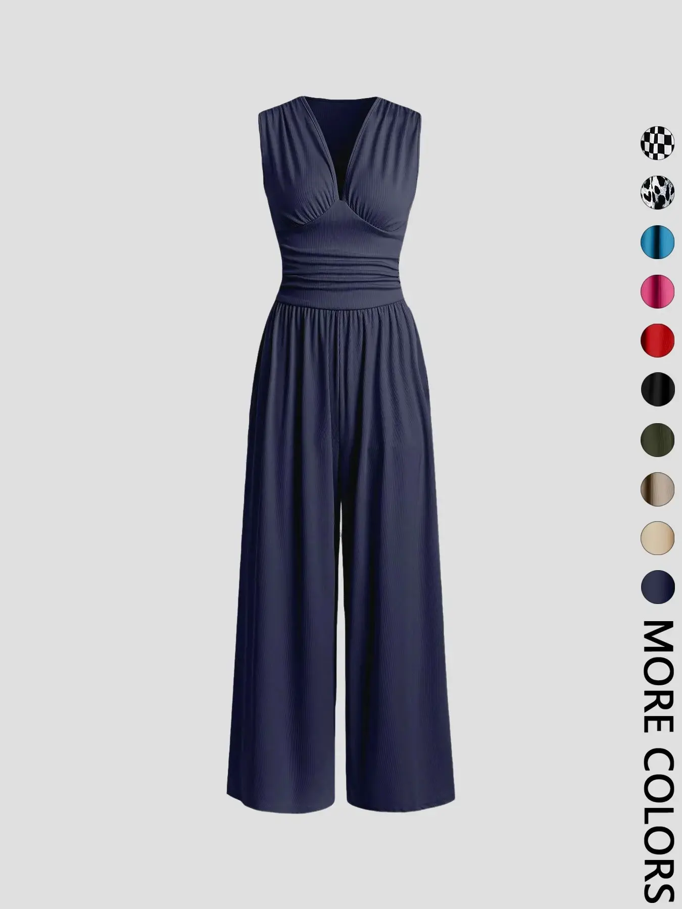 Women's Plain Ruched Deep V Neck Ribbed Fitted Jumpsuit, Elegant Chic Minimalist Sleeveless Wide Leg Jumpsuit for Summer, Ladies Clothes for Beach Holiday Vacation, Elegant Fashion Jumpsuit