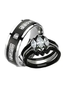 Edwin Earls His Hers 4 Piece CZ Black Plated Stainless Steel & Titanium Matching Wedding Band Ring Set with Marquise Cut 8mm Clear CZ Center Stone and Contoured Bands