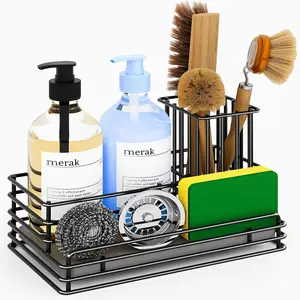 Kitchen Sink Caddy - Stainless Steel Dish Sponge Holder with Instant Drying Stone, Organizer for Sponges, Scrubbers, Soap (9.5" x 5.5" x 5.7")