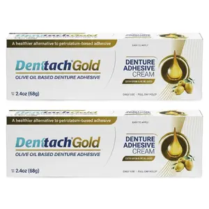 Denttach Gold Denture Adhesive Cream - Olive Oil Based Formula for Healthier Stronger Smoother Hold - 2 Pack Gentle Daily Use Oral Care Solution
