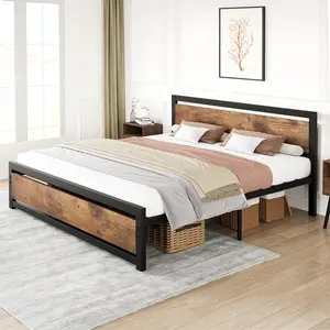 Garvee Full Size Metal Platform Bed Frame with Wooden Headboard and Footboard, 14 Inch Tall Industrial Design, Under Bed Storage, Sturdy Steel Slat Support, No Box Spring Needed, Rustic Brown Finish