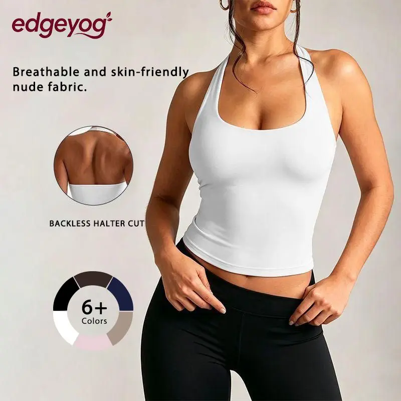 EDGEYOG Women's Minimalist White Athletic Fitted Tank Top - 80%Polyamide 20%Elastane, Built-in Pad, Slim Dry Fit Vest, Breathable, Sporty Chic Sleeveless Elastic Apparel for Gym Yoga