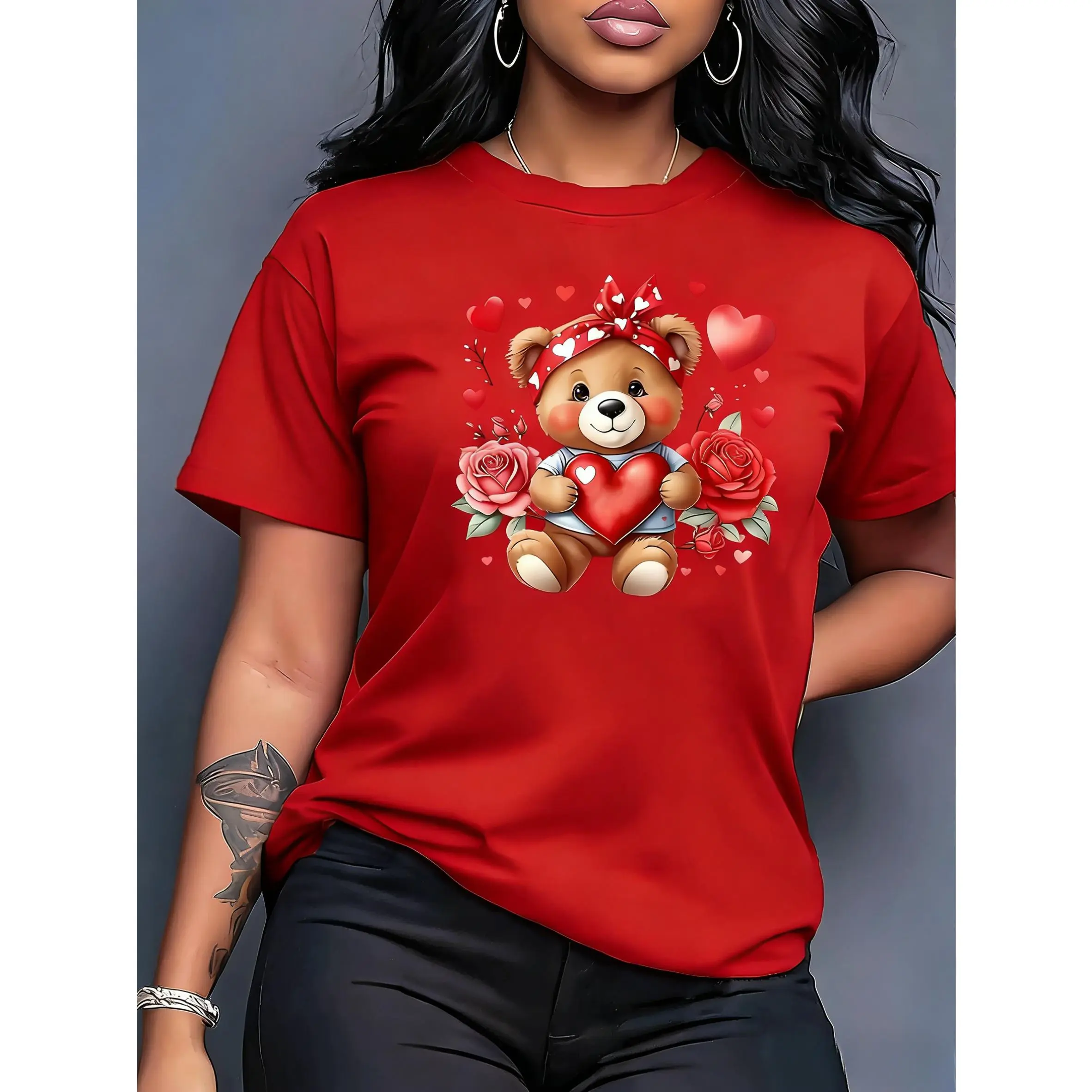 Women's Bear & Heart Graphic T-Shirt, Basic Short Sleeve Classic Fit Top, 100% Cotton Fabric, Shortsleeve, Oversized, Tee, Asymmetrical Print, True Size, All Seasons, Casual, Smooth, Printed, 5.3Oz, Christmas