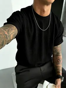 Men's Waffle Knit Slim Fit Crewneck Sweater, Elastic Short Sleeve Top with Necklace, Minimalist Casual Daily Wear for Office Commute Knitwear Menswear Stretchy