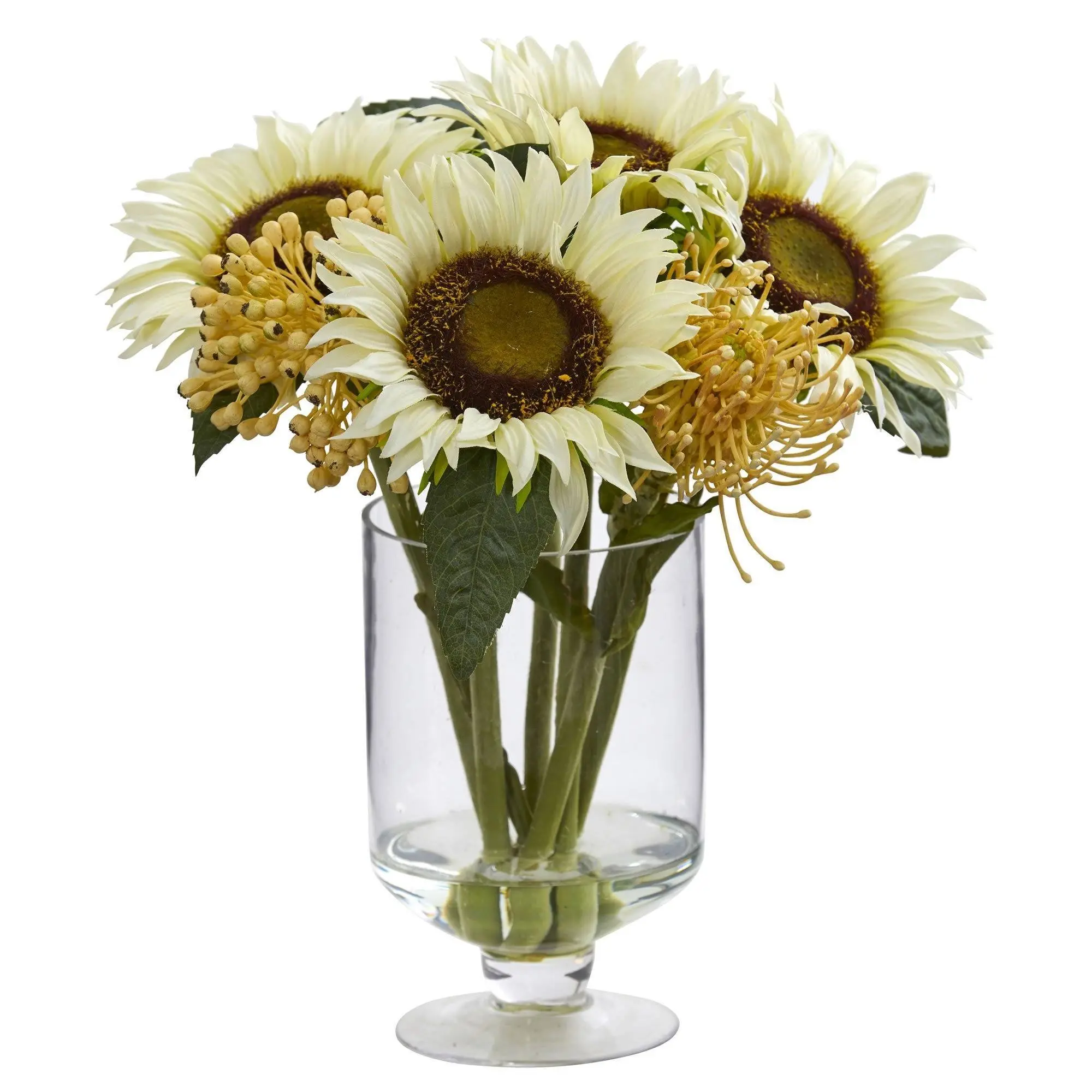 12-in Decorative Artificial Sunflower & Sedum Arrangement in Glass Vase - Silk Faux Flowers, Artificial Plants for Home Decor