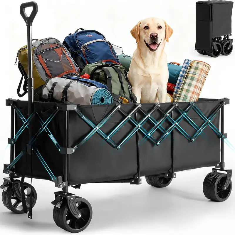 Sweetcrispy Heavy-Duty Steel Garden Cart, Fold-and-Go Rectangular Utility Trolley for Adults, 300L Capacity, 180kg Load Limit, 7-in Lock-Steady Wheels, Water-Resist Fabric, Ergonomic Handle, Comfy Pull, Ideal for Gardening, Black/Blue/Gray Options