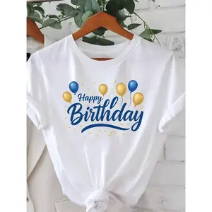 Happy Birthday T-Shirt for All Seasons |   Crew Neck, Slight Stretch Fabric, Geometric-Pattern, Casual Style