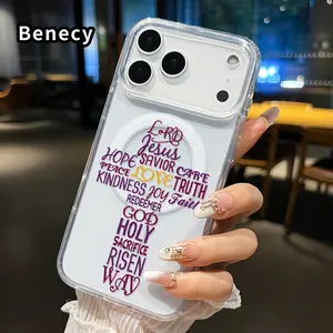 Magnetic Phone case for iPhone 17 16  Pro Max Plus 15 14 13 12 11 Air E Divine Word Cross Pattern Non-Yellowing Shockproof Soft Silicone Transparent Acrylic Large Hole Cover Supports Wireless Charging
