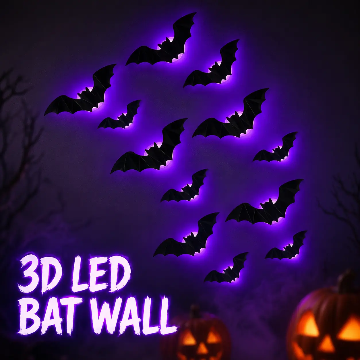 Halloween 3D LED Bat Wall Decorations, 12/24PCS Purple Glow Flying Bat Set in 3 Sizes, Spooky Haunted House Indoor Wall Decor for Halloween Party & Photo Backdrop