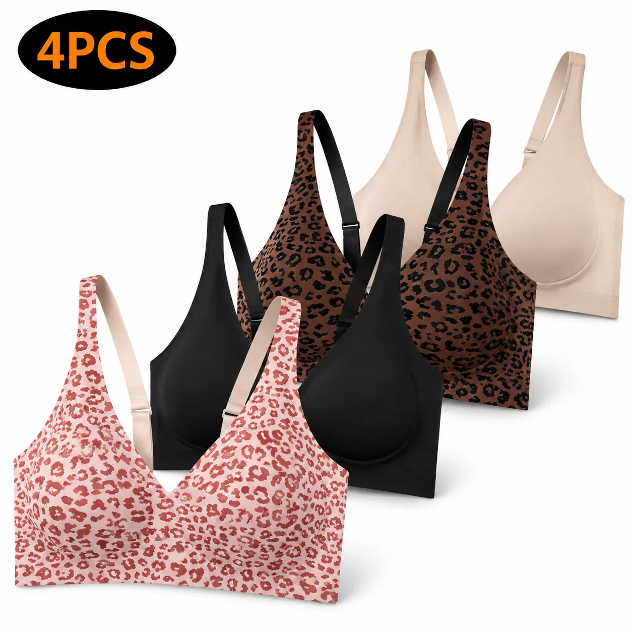 4PCS Women Jelly Bras Wirefree Full Coverage No Underwire Everyday Bras Comfortable Wireless Padded Tshirt Bra Soft