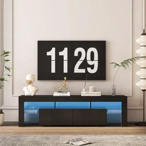 [Bellemave]High gloss TV Stand with LED Lights for TVs up to 65'', Modern TV Console with Storage Cabinets for Living Room,Black