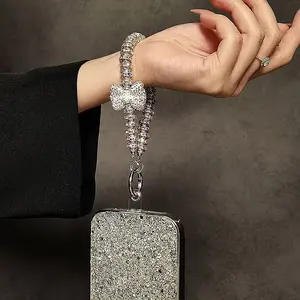 Luxury Rhinestone Diamond Phone Wrist Strap Lanyard with Tether Tab,Sparkling Phone Chain Charm,Bow Keychain Wristlet for Women