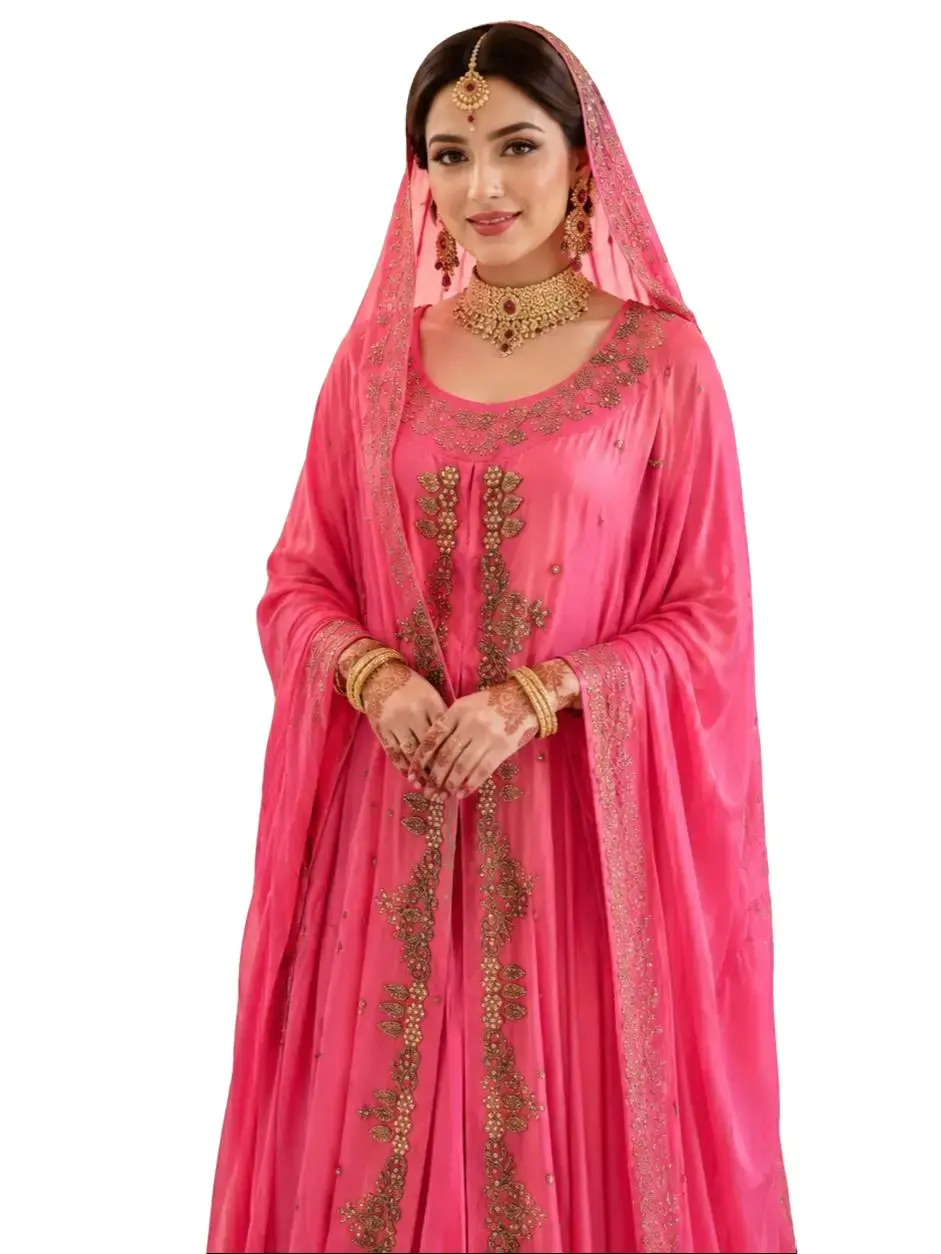 Women's Luxury Bridal Abaya Maxi Dress Set with Matching Hijab - Hot Pink, Long Sleeve, Elegant Islamic Wedding Gown, Intricate Gold Embroidery, Zardozi Detailing, All Seasons Wear, Hand Wash Only
