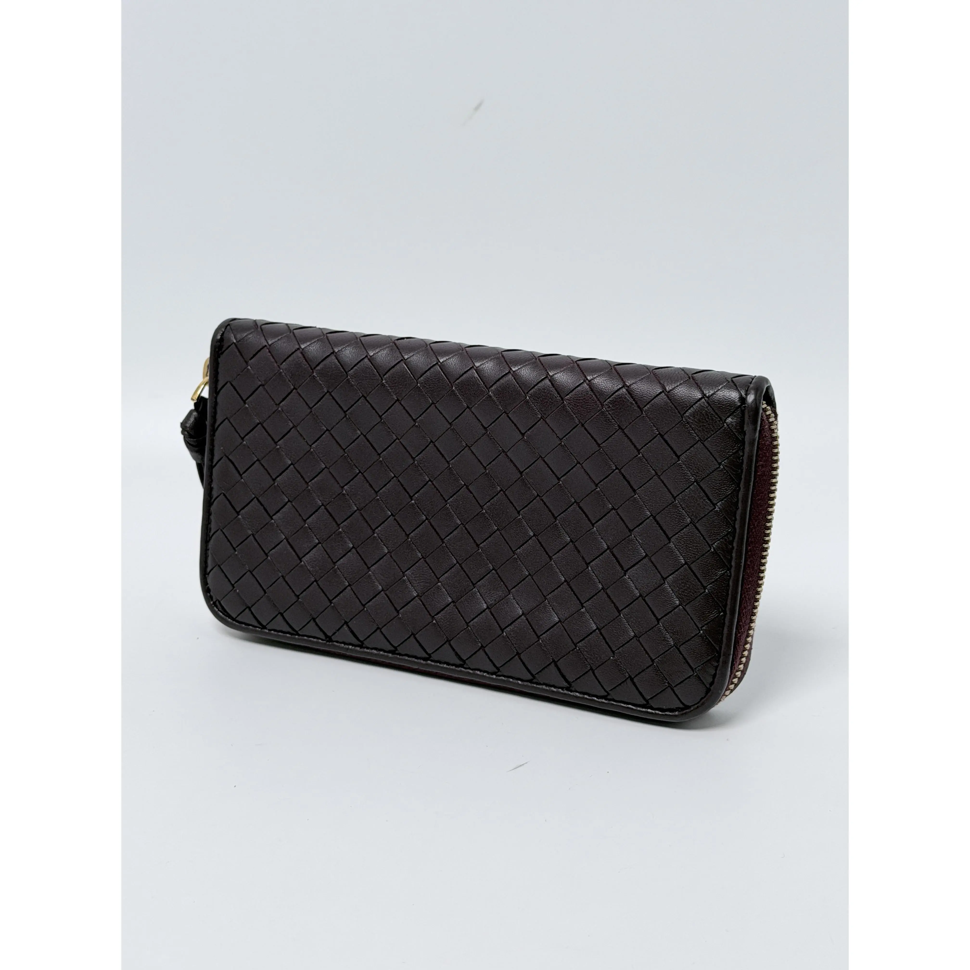 Pre-owned Bottega Veneta Leather Clutches & Wristlets Intrecciato Woven Zip Around Long Wallet Dark Brown JD021BV