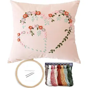 Crewel Pillow Case Embroidery Kit, Heart Shaped Loving You Floral Stamped  Kits for Audlt Beginners, Works Crafts Throw Pillow Cover   for Loved Ones, 18 x 18'' (Coral)