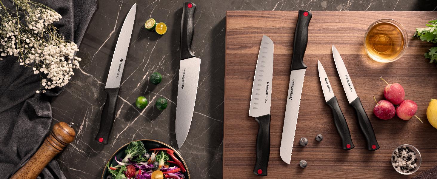 Astercook Knife Set, 14 Counts Kitchen knives Set with Built-in Sharpener,Sharp & Rust Resistant Dishwasher Safe, Block