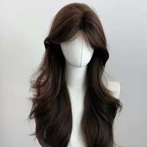 Dark Brown Wig with Bangs Brown Wigs for Women Middle Part Wigs 24 Inch Long Wavy Layered Synthetic Natural Looking Wigs for Daily Party Use Synthetic Hair Wig