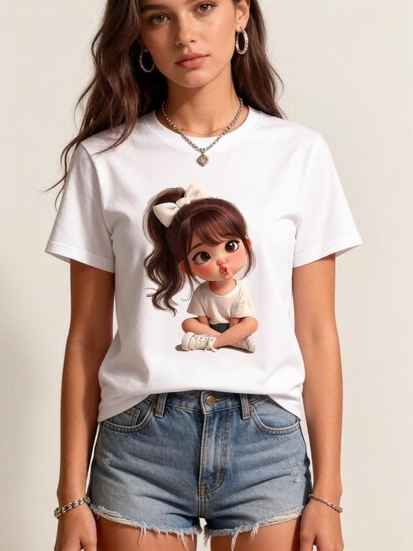 Women's Cotton Chibi Graphic T-Shirt - White Short Sleeve, White Bow High Ponytail Pouty Kiss Face Design, Crew Neck, Fitted Cut, Heat Transfer Print, Lightweight TikTok Viral Casual Daily Top
