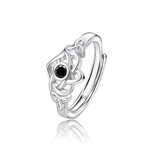 925 Sterling Silver Celtic knot Heart trinity Knot Black Onyx Adjustable Ring – Heart Design, Everyday Wear Jewelry, Meaningful Gift for Birthday. christmas anniversary