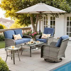 Outdoor Patio Furniture Set with Coffee Table&Side Table Rattan 5 Piece,Rattan Sofa Manual Weaving Wicker Patio Conversation Set,Thick Cushions, Rocking Chair, Weather-Resistant, Modern Design
