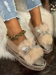 Women's Casual Faux Fur Mary Jane Flats, Cute Butterfly Rhinestone Decor, Round Toe Slip-On Shoes, All-Season Comfortable Style