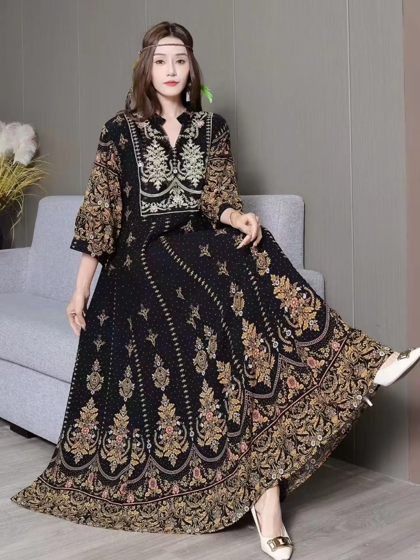 Bohemian Ethnic Embroidered Dress for Women, Casual Boho Chic Vintage Belted Lantern Sleeve, All over Print, Long Loose-Fitting, Travel Holiday Dress, Bohemian Boho Fashion, Boho Style Dresses, Womenswear