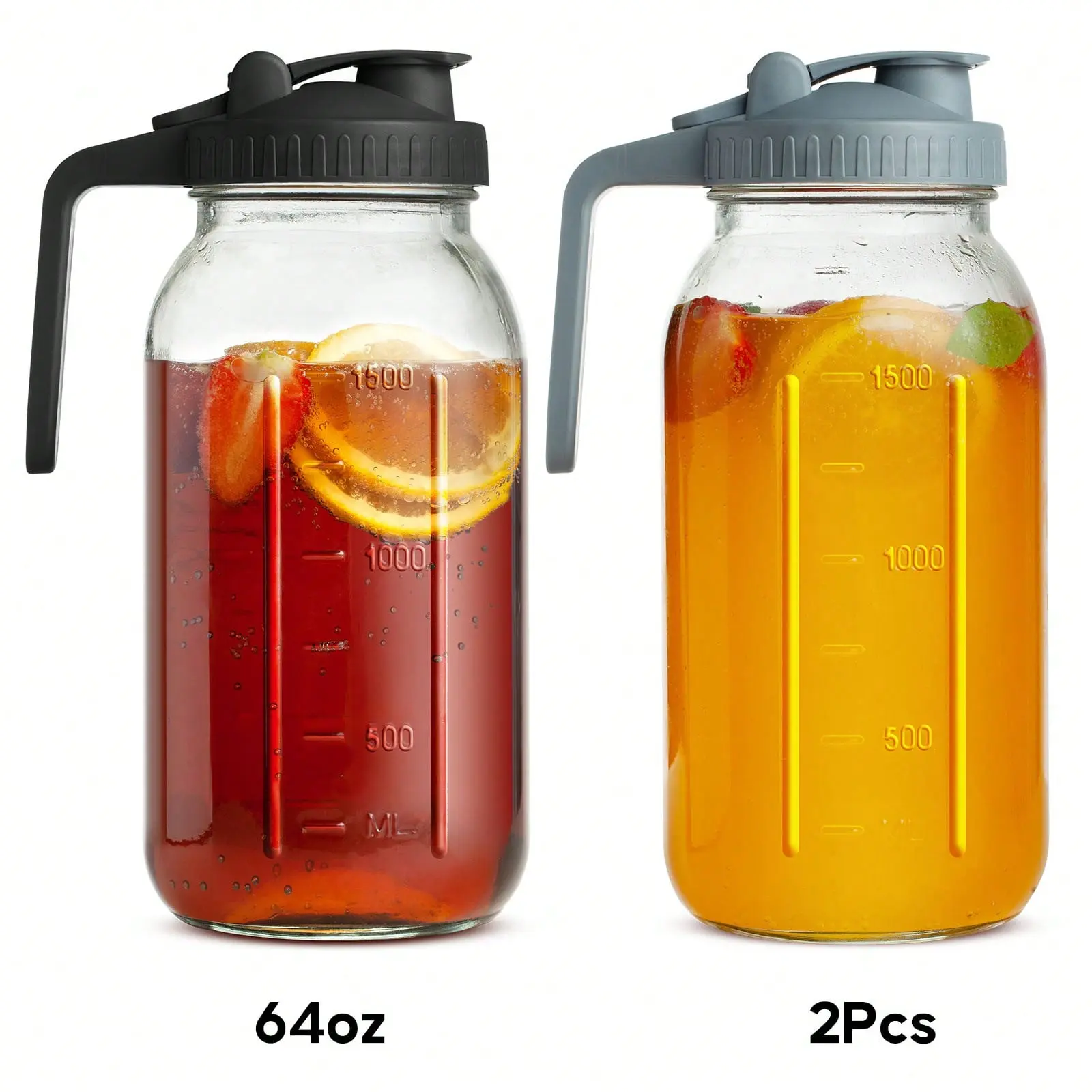 LugoBox 2-Piece Mason Jar Pitcher, 64OZ Breast Milk Pitcher Double Leak Proof With Pour Spout Handle, Wide Mouth Iced Tea Pitcher For Fridge, Creamer Container For Coffee, Sun Tea Juice