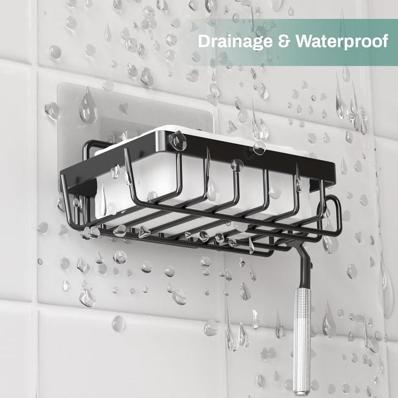 Adhesive Soap Bar Holder for Shower Wall, Self Draining Soap Dish Container  Saver with 2 Hooks for Razor Loofah, Shampoo Sponge Tray Case Box for Bathroom Kitchen Sink, Black