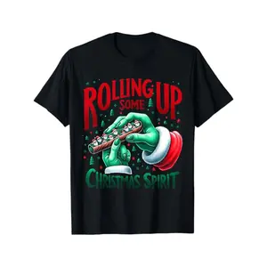 Men's 100% Cotton Christmas T-Shirt with Rolling Papers & Leaf Design - "Rolling Up Some Christmas Spirit" Slogan, Comfort Fit Short Sleeve Holiday Party Shirt (Sizes S-XXXL) for Weed-Themed Xmas Gifts