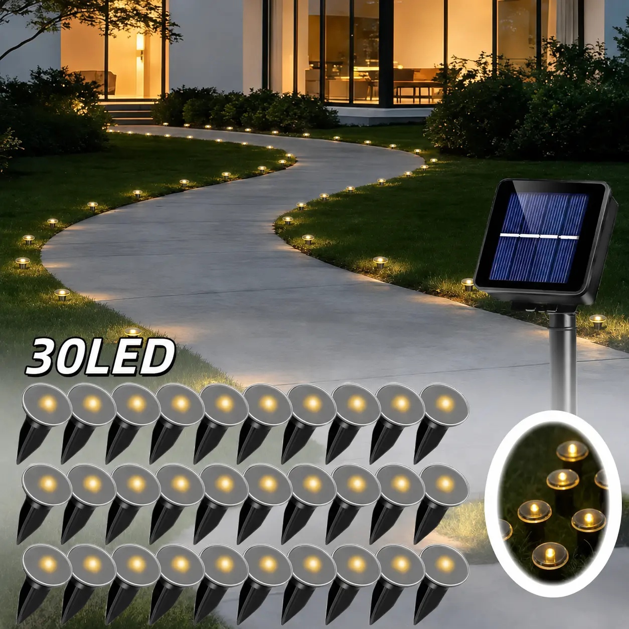 30 LED Path Lights, IP44 Waterproof and Durable, Recessed Installation. Outdoor Garden Lights, Decorative Lighting for Walkways, Lawns, Camping Gatherings, etc. Ideal for Gardens, Pathways, Camping, Parties, Weddings, and Festive Atmosphere Decorations.