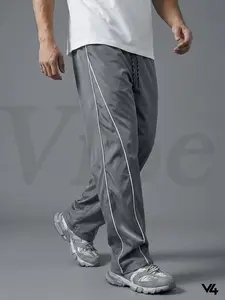Vibe404 Men's  Baggy Grey Sweatpants with White Piping, Loose Fit Straight Leg Track Pants, Baggy Jogging Pants, Retro Streetwear Hip Hop Trousers, Elastic Waist Drawstring Casual Joggers for Gym  Daily Wear