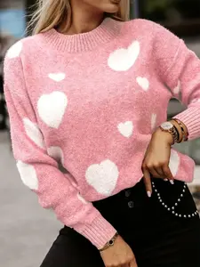 Women's Heart Print Drop Shoulder Sweater Pullover, Casual Long Sleeve Round Neck Jumper for Fall & Winter, Fashion Ladies' Knitwear for Daily Wear Valentine's Day, gift