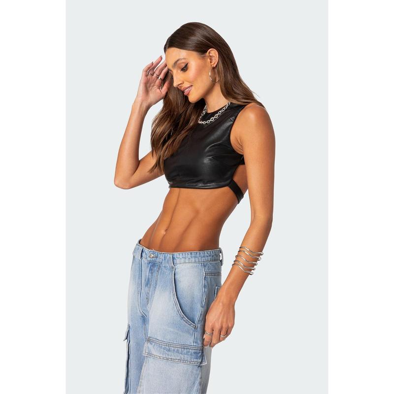 Porsha Open Back Faux Leather Crop Top